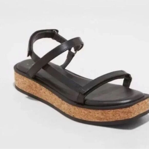 A New Day Black Nova Square Toe Platform Cork Strappy Sandals New Nwt Size 8,5 - Picture 3 of 5